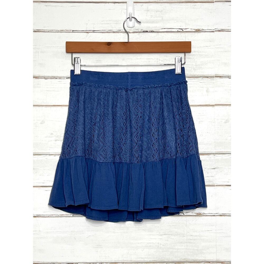 Umgee Blue Lace Ruffle Mini Skirt Size Small Boho Tiered Crochet Lined